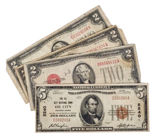 OIL CITY NATIONAL BANK NOTE and (3) RED SEAL $2