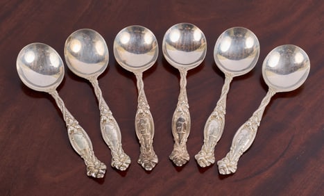 SET (6) ART NOUVEAU STERLING SILVER SOUP SPOONS