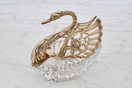 FIGURAL GERMAN .835 SILVER & CRYSTAL SWAN SALT