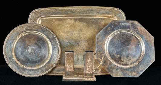 STERLING TRAY, CIGARETTE CASE HOLDER & (2) PLATES