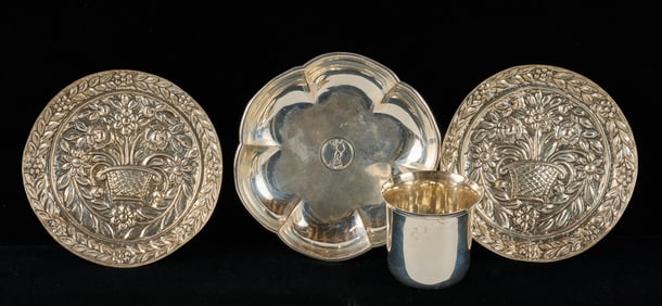 JEZLER SILVER DISH (2) HAND CHASED DISHES & a CUP