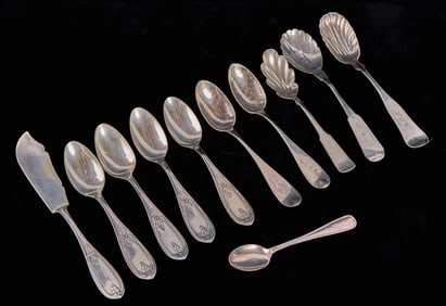 GROUPING of COIN SILVER TEASPOONS & SERVING PIECES