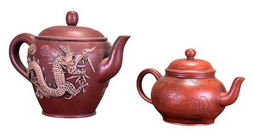 (2) SIGNED CHINESE YIXING CLAY TEAPOTS