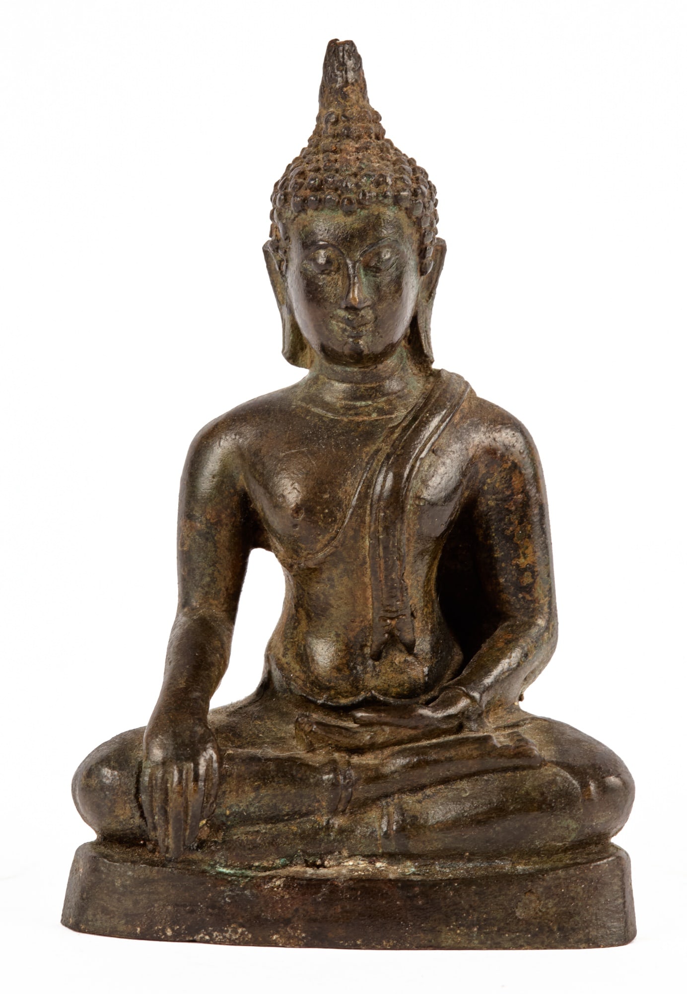 EARLY CAST BRONZE BUDDHA IDOL: Great spinach green patina. 4 1/4 x 3 inches. Condition: Good. Temp No 8429