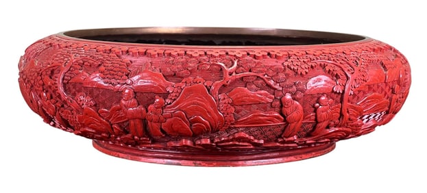 CHINESE CARVED CINNABAR & CLOISONNE BOWL