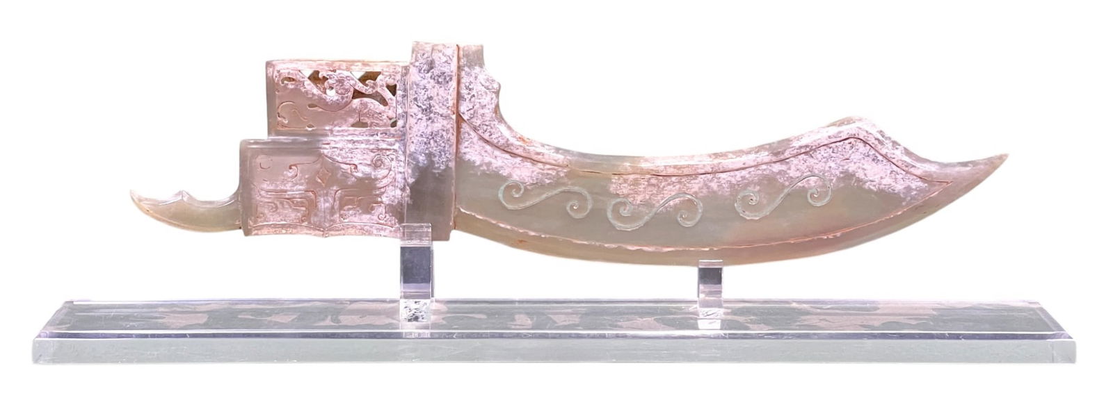 CARVED & PIERCED CHINESE JADE DAGGER-AX HEAD: Carved & pierced with chi long & other symbols, on a custom Lucite stand. 13 inches. Condition: Good. Temp No 8458