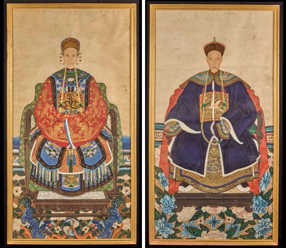 PAIR of (19th c) CHINESE ANCESTRAL PORTRAITS