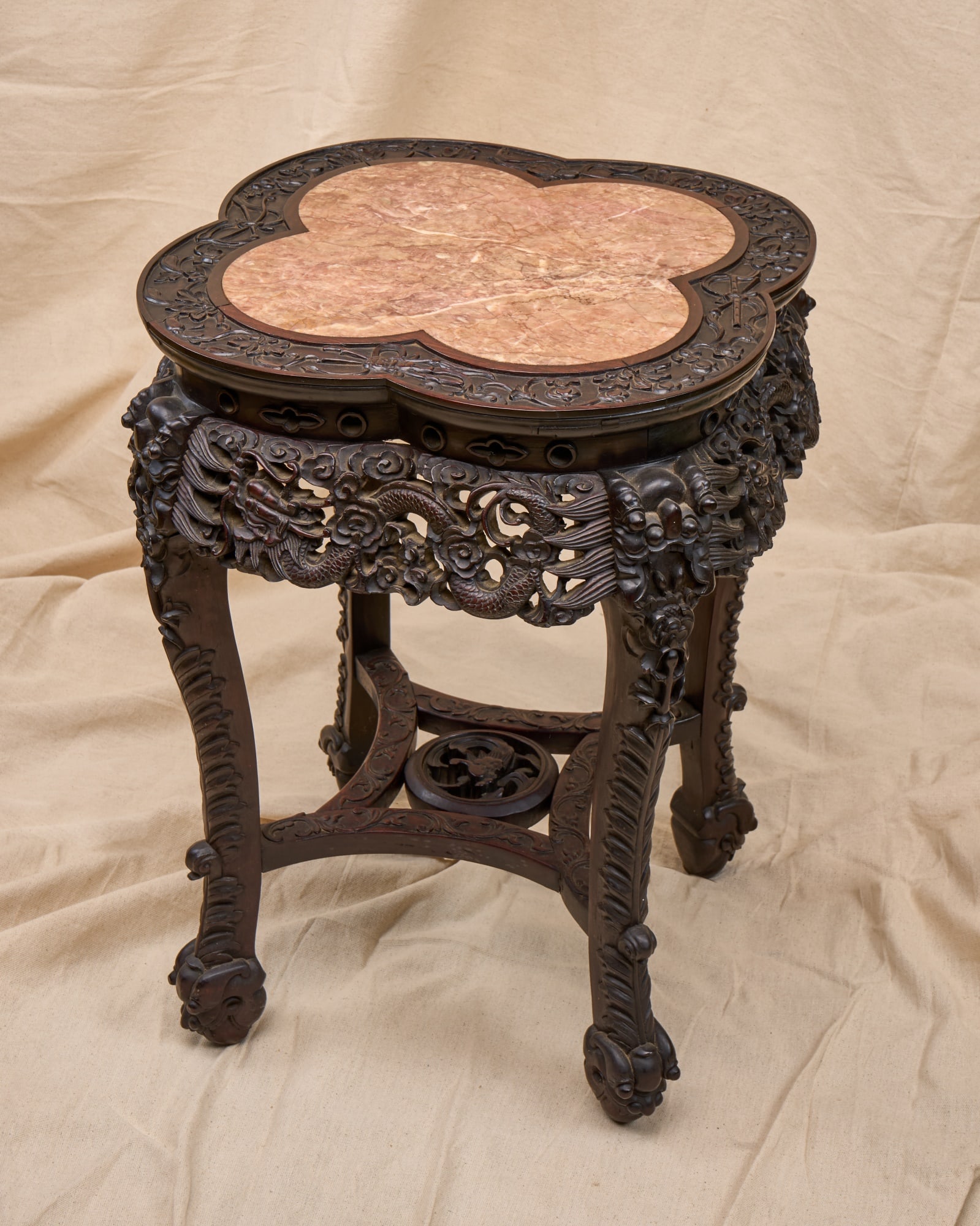 HEAVILY CARVED CHINESE MARBLE TOP ROSEWOOD STAND (1 of 9)