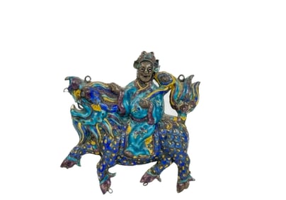 ENAMELED CHINESE FIGURE ON FOO DOG PENDENT
