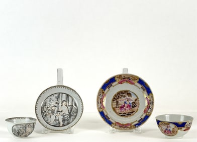 (2) RISQUE (18thc) CHINESE EXPORT CUPS & SAUCERS