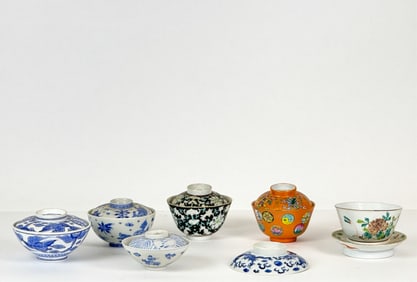 (5) CHINESE GAIWAN, SIGNED LID & FAMILLE ROSE