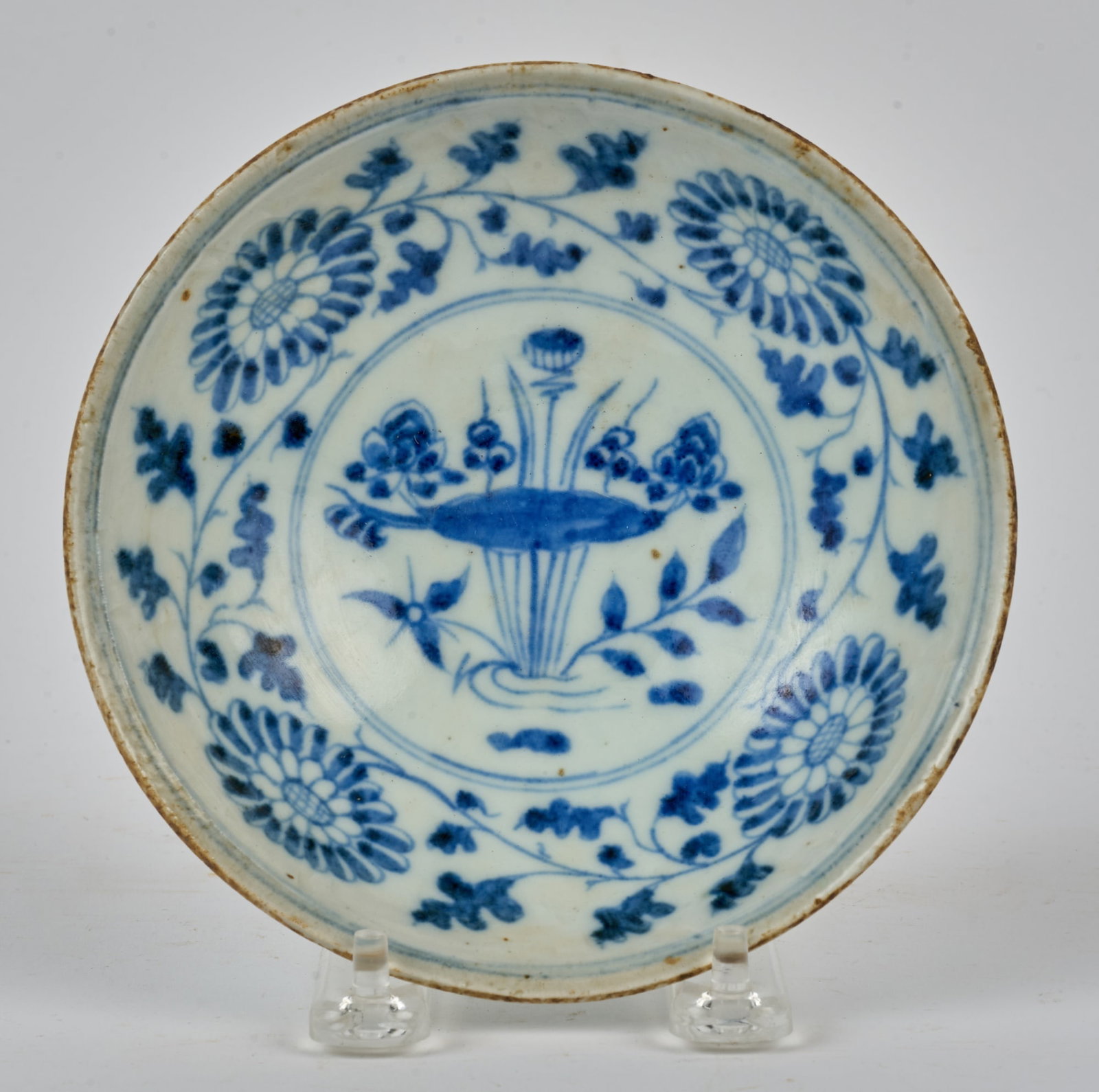 (19th c) HAND PAINTED CHINESE PORCELAIN BOWL: (19th c) Chinese porcelain bowl hand painted with lotus, duck, & fish. 1 1/2 x 6 inches. Condition: Good. Temp No 8232