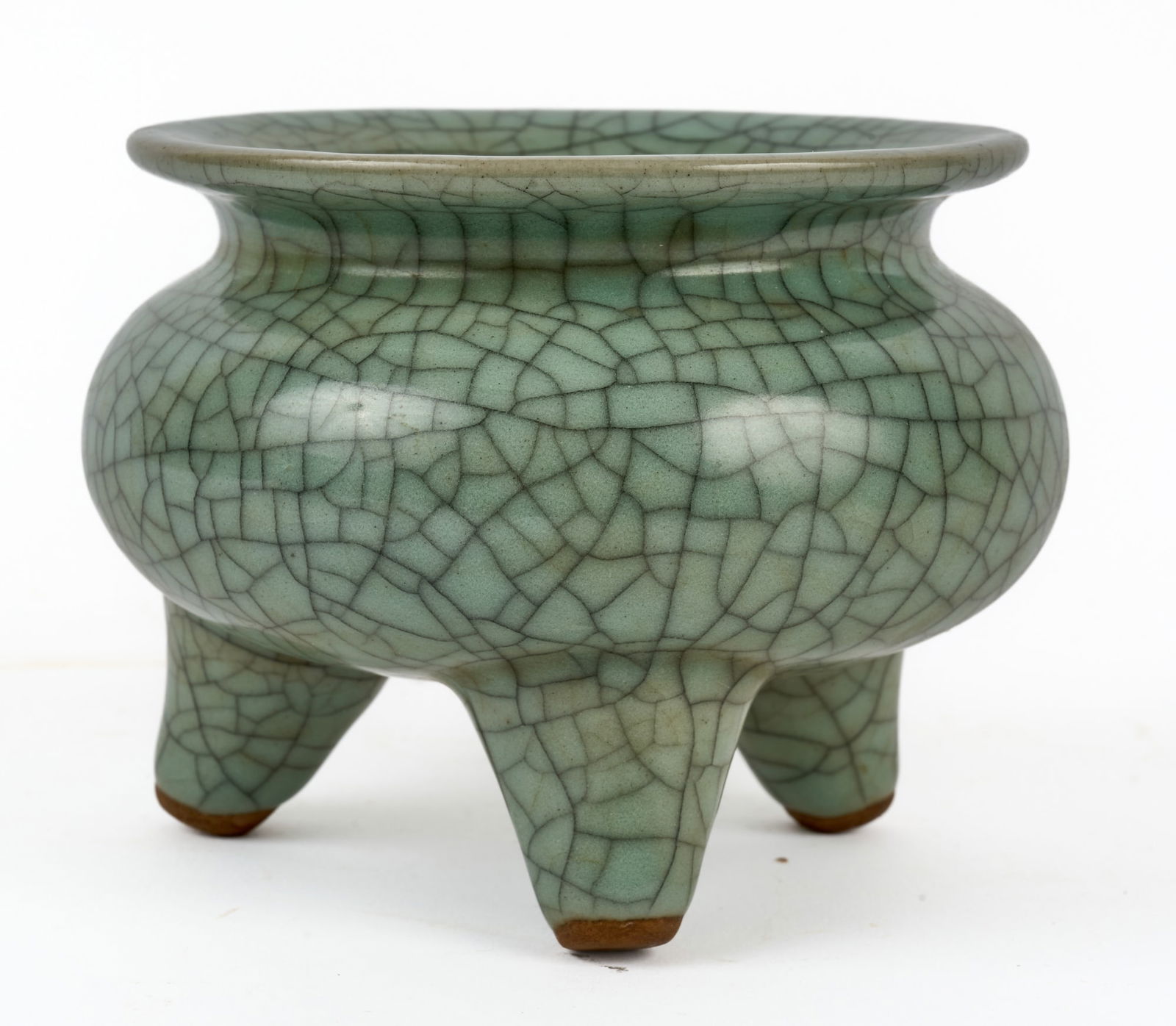 CHINESE CELADON CRACKLE GLAZE CERAMIC CENSER: 3 1/2 x 4 1/4 inches. Condition: Good. Temp No 8235