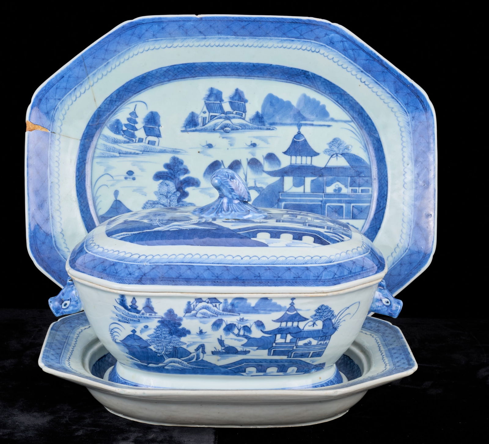 (19th c) CANTON TUREEN, UNDER PLATE and PLATTER (1 of 20)