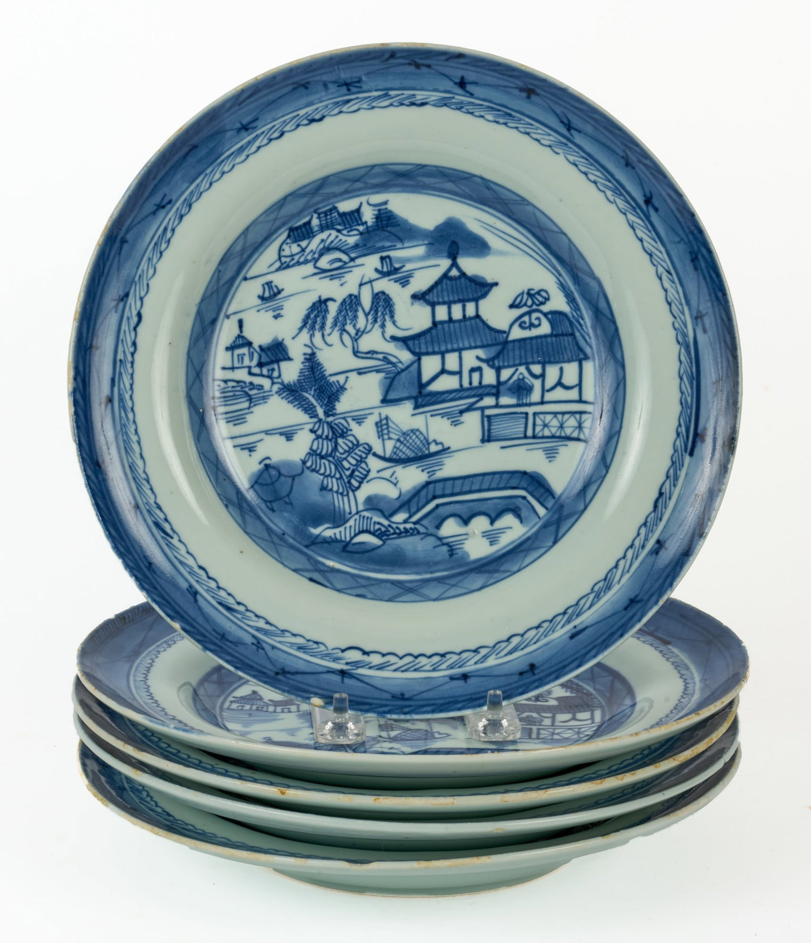 FIVE (19th c) CANTON DISHED PLATES: 9 3/4 inches Condition: Scattered chips, flakes and rough spots to plates Temp No 7605