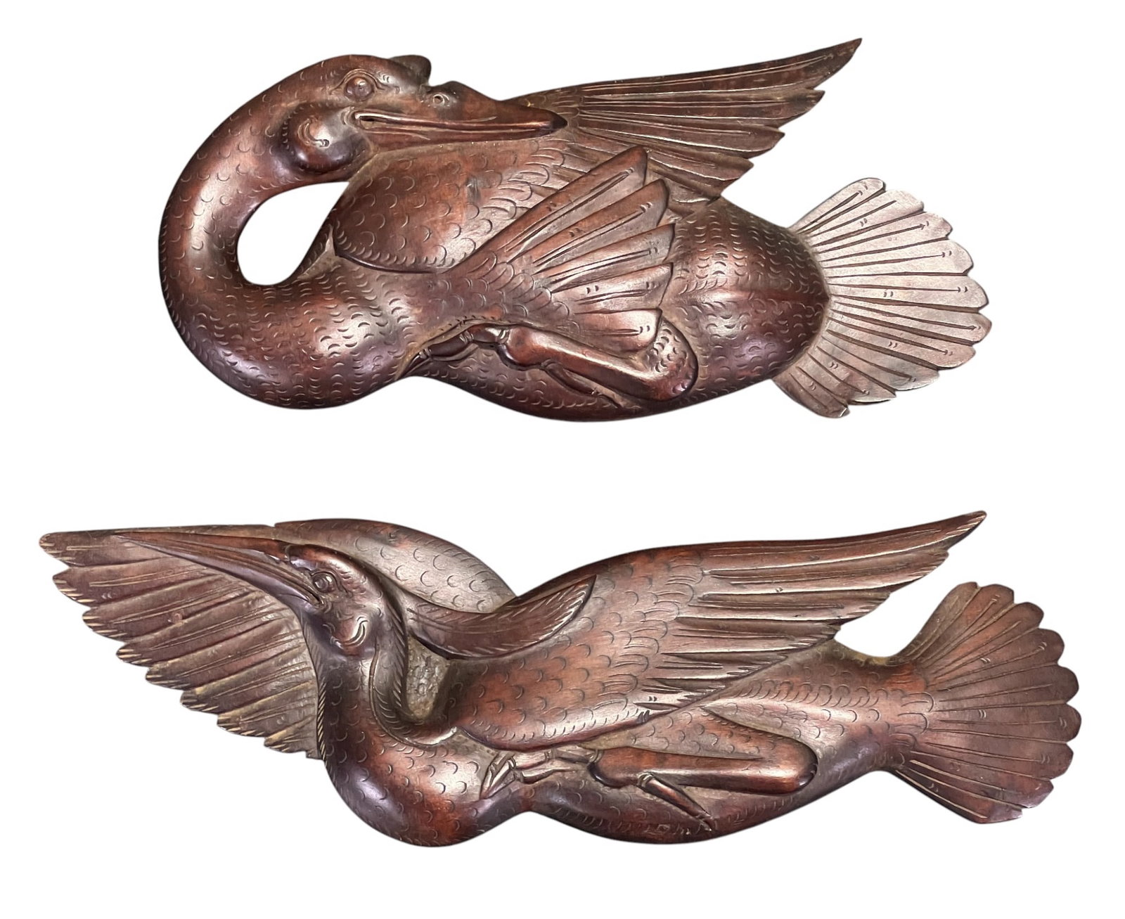 (19th c) JAPANESE CARVED GOOSE & HERON PLAQUES: (19th c) Japanese hardwood carved goose & heron with holes carved with on backside for affixing, possibly to a piece of furniture. 11 inches. Condition: Good. Temp No 8392