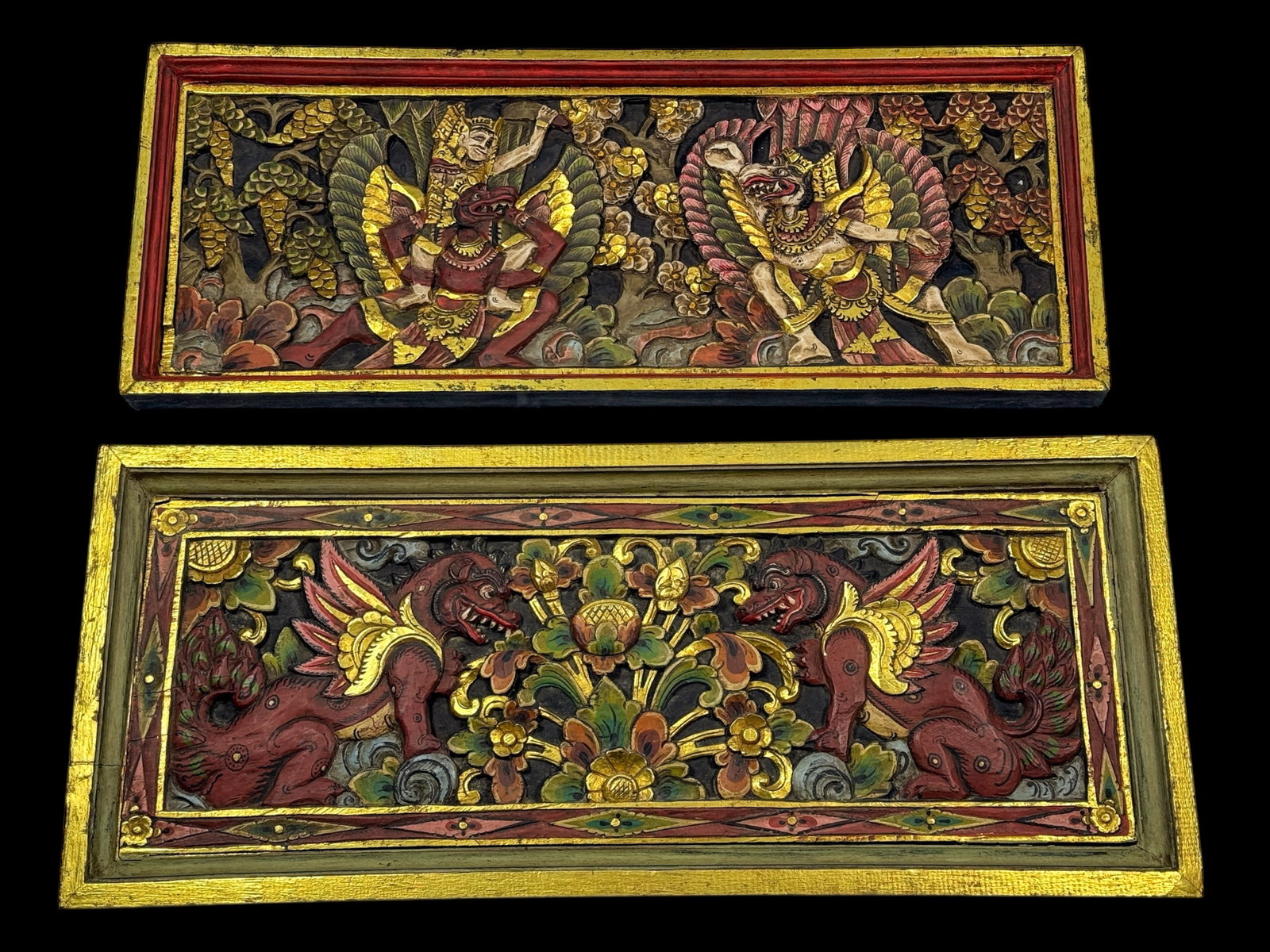 (2) CARVED & PAINTED NEPALESE PLAQUES: 17 3/4 x 42 inches.