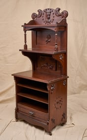 VICTORIAN MAHOGANY WHATNOT SHELF w/ CARVED DOGS