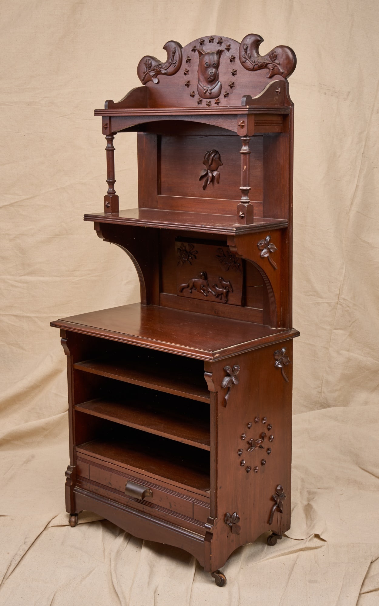 VICTORIAN MAHOGANY WHATNOT SHELF w/ CARVED DOGS (1 of 15)