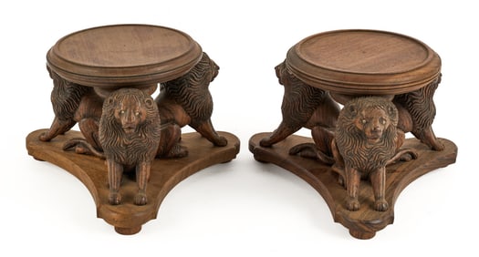 PAIR of LION-CARVED ROSEWOOD STANDS