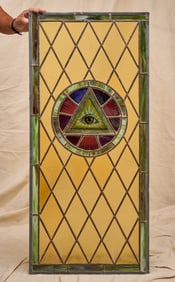 (19th c) LEADED SLAG GLASS WINDOW with MASONIC EYE