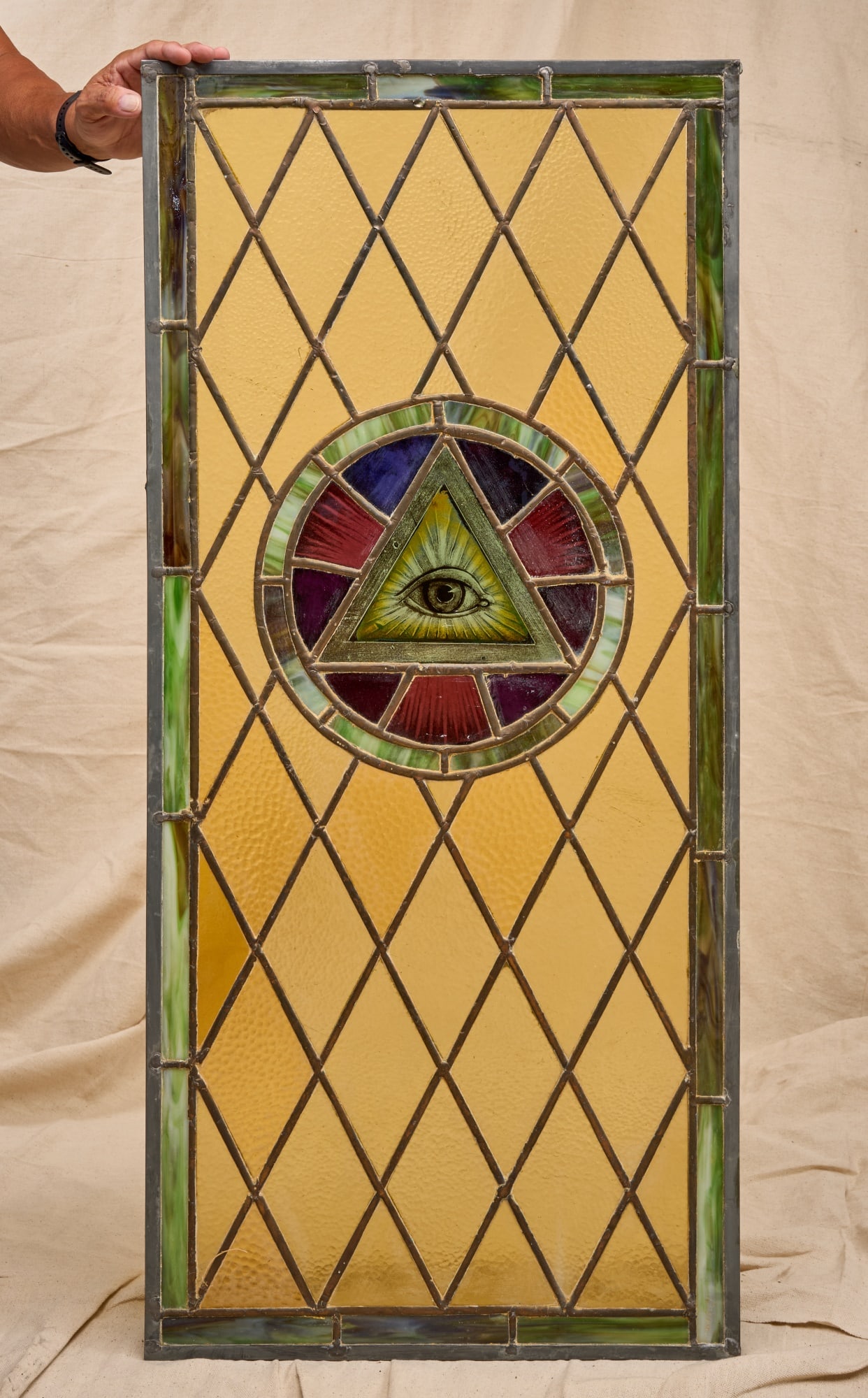 (19th c) LEADED SLAG GLASS WINDOW with MASONIC EYE (1 of 14)