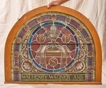 (19th c) STAINED GLASS WINDOW with EUCHARIST