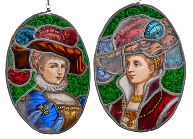 PAIR of OVAL LEADED GLASS PLAQUES