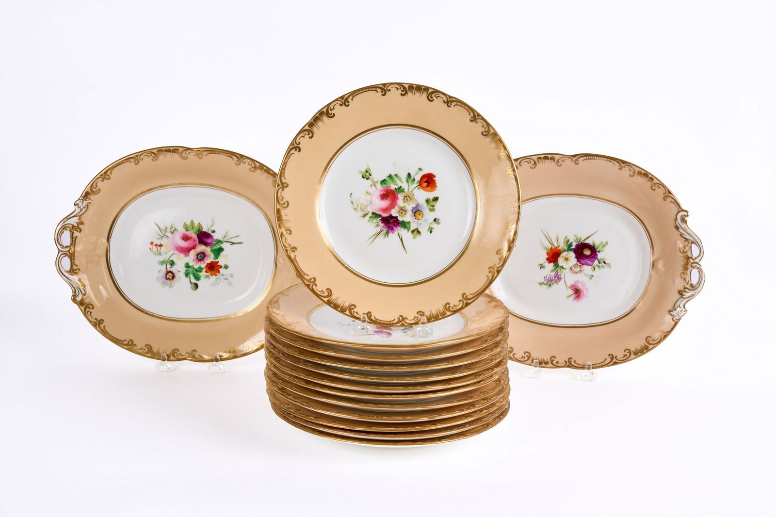 HAND PAINTED PORCELAIN PARIS LUNCHEON SET: (2) servers & (12) plates hand painted & gilt. 11 1/4 x 9 inches. Condition: Good. Temp No 8215