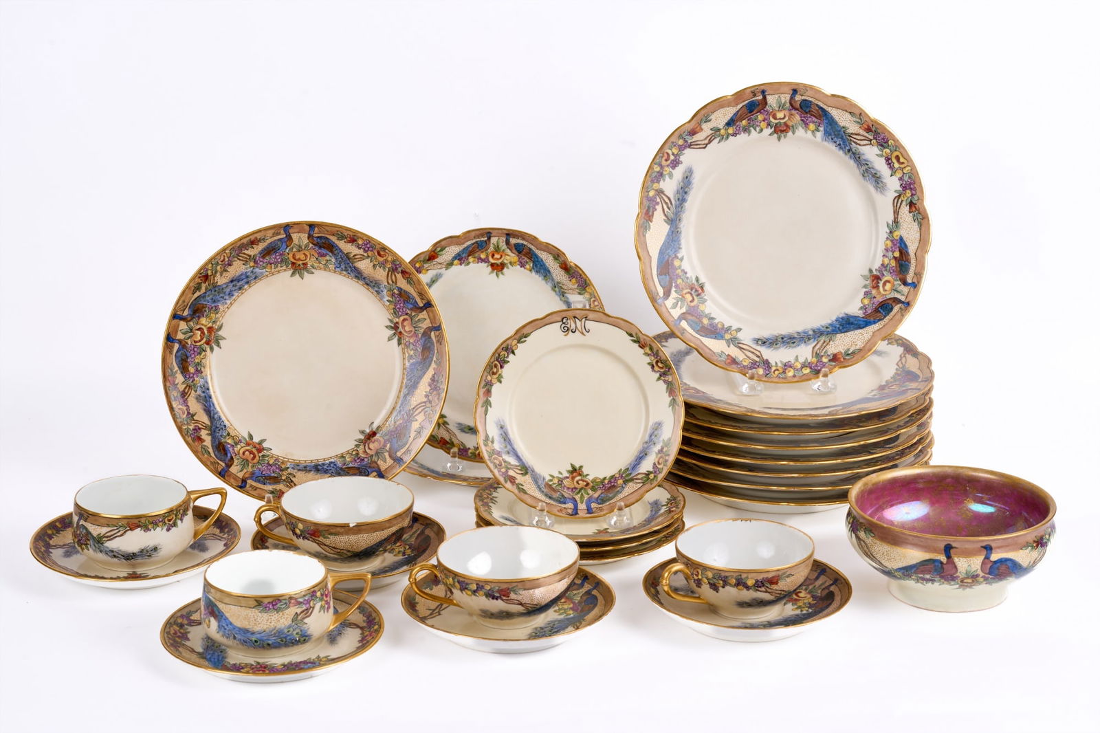 PEACOCK DECORATED CHINA by E.H. NEWTON: Signed and dated 1929-1933 in Cincinnati on a variety of China manufacturers including: (8) 9 1/2 inch plates by Charles Ahrenfeldt Limoges etc, (1) 8 1/2 inch plate by Gerard Dufraisseix and Abbott.