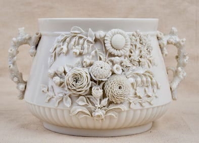 (2) HANDLED BELLEEK PORCELAIN URN