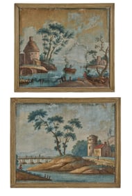 PAIR (EARLY 19thc) CONTINENTAL WALLPAPER LADSCAPES