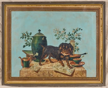 (19thc) "STILL LIFE w KING CHARLES SPANIEL"
