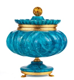 CARVED SOAPSTONE BOX with BRASS MOUNTS