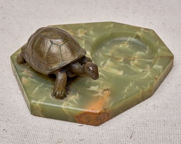 FIGURAL BRONZE and ONYX PIN TRAY with TORTOISE