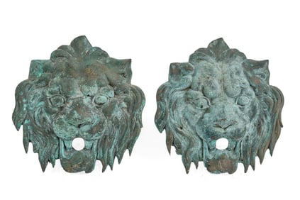 PAIR of (20th c) LION-FORM BRONZE FOUNTAIN HEADS