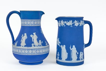 (2) WEDGWOOD COBALT BLUE JASPERWARE PITCHERS