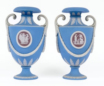 RARE PAIR of WEDGWOOD TRICOLOR JASPERWARE URNS