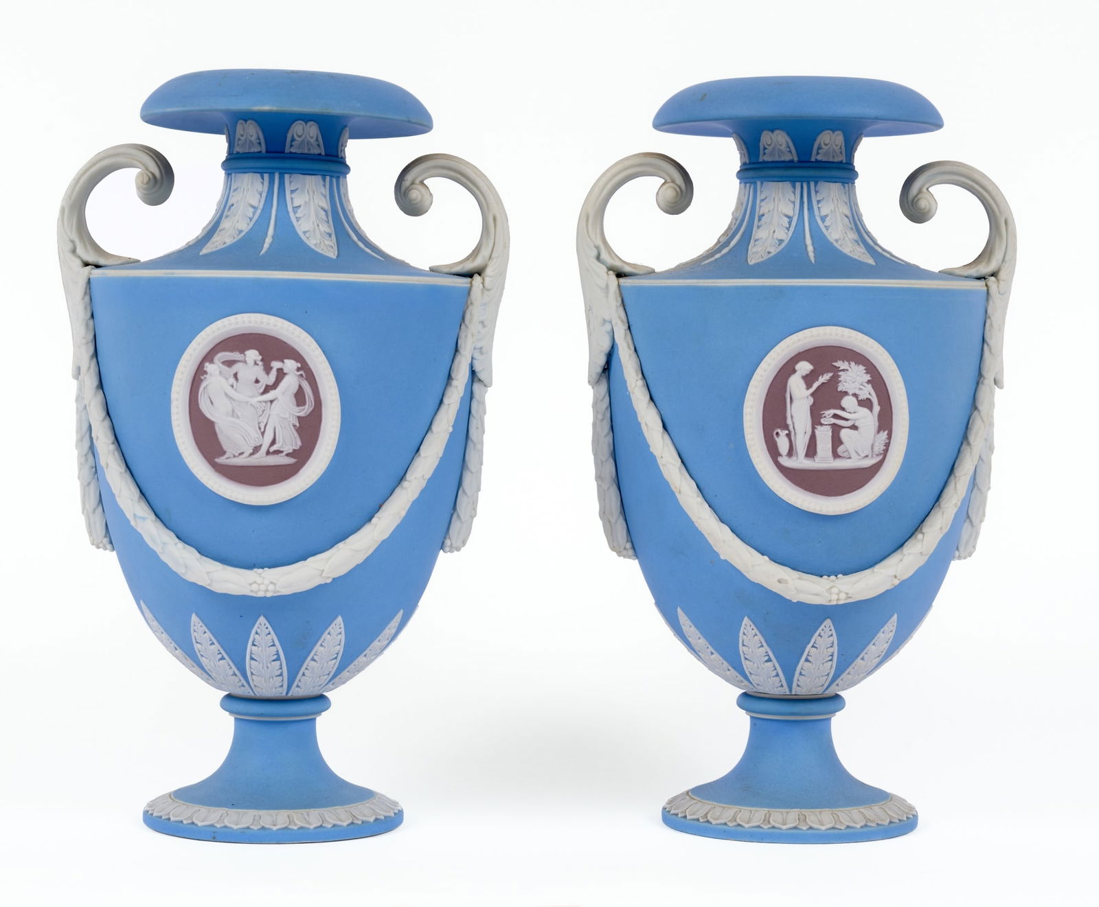 RARE PAIR of WEDGWOOD TRICOLOR JASPERWARE URNS (1 of 11)
