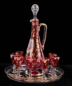 BOHEMIAN GILT CRANBERRY GLASS CORDIAL SET