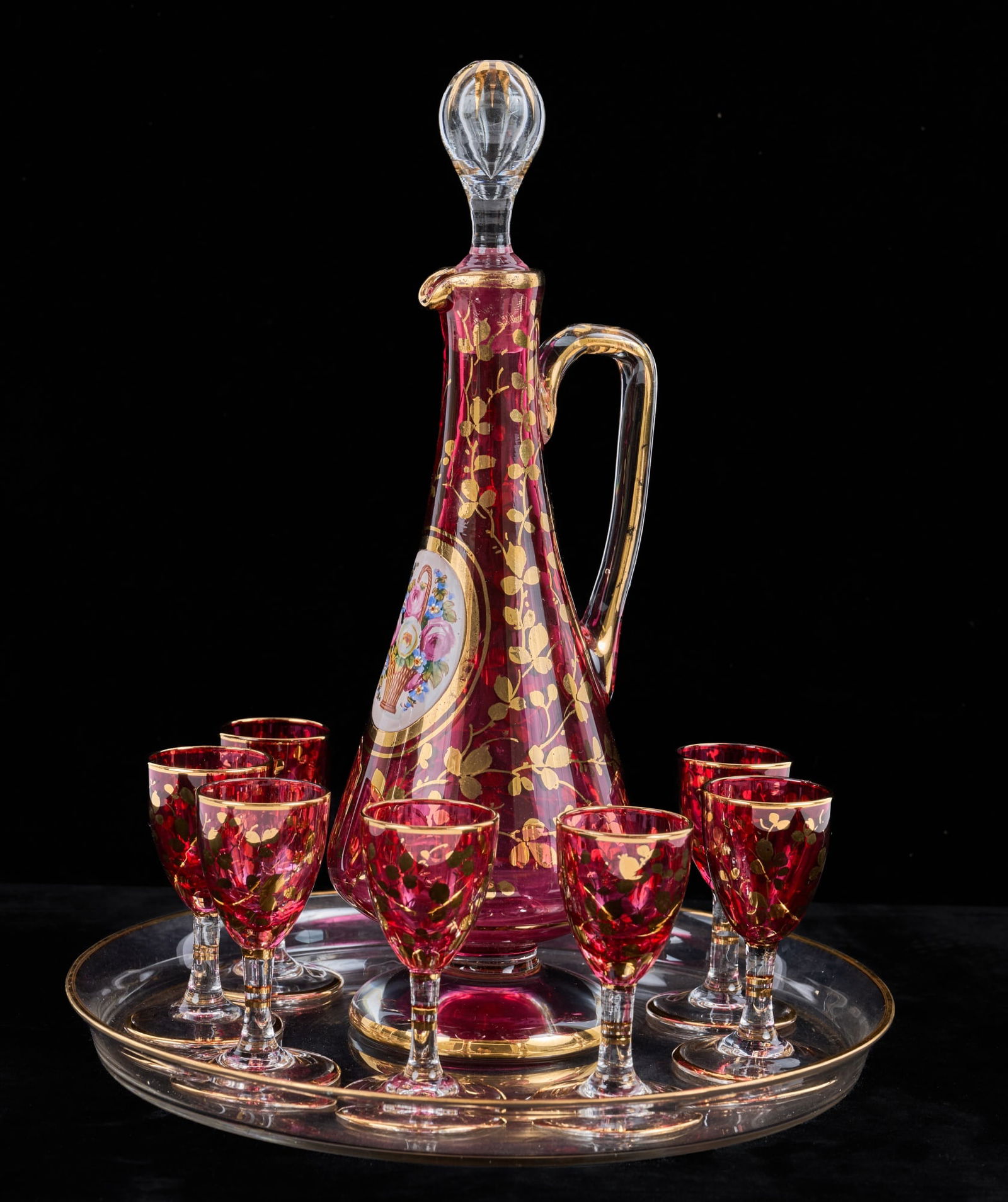 BOHEMIAN GILT CRANBERRY GLASS CORDIAL SET (1 of 8)