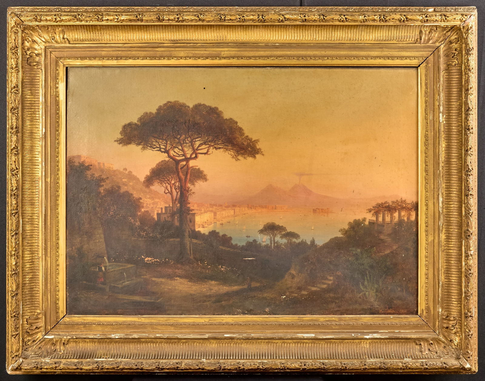 HERMANN BENEKENSTEIN (1830-1890): Spectacular view "Bay of Naples", oil on canvas with luminous color skies. 24 3/4 x 35 inches, signed & dated lower right, housed in a wonderful gilt frame with oak & hawthorn motif. 36 x 46 inches ov