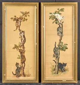 (2) GOUACHE ON SILK KITTEN COMPANION PAINTINGS