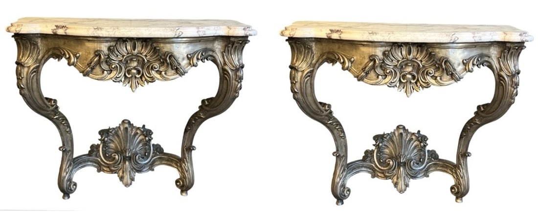 PR (20thc) SOLID CAST BRONZE CONSOLE TABLES: Exquisite console tables on heavy silver gilt bronze bases and serpentine marble tops. In the manner of Jean Alexandre Joseph Falguiere (1831-1900) and bearing his signature. Purchased from Ben Theodo