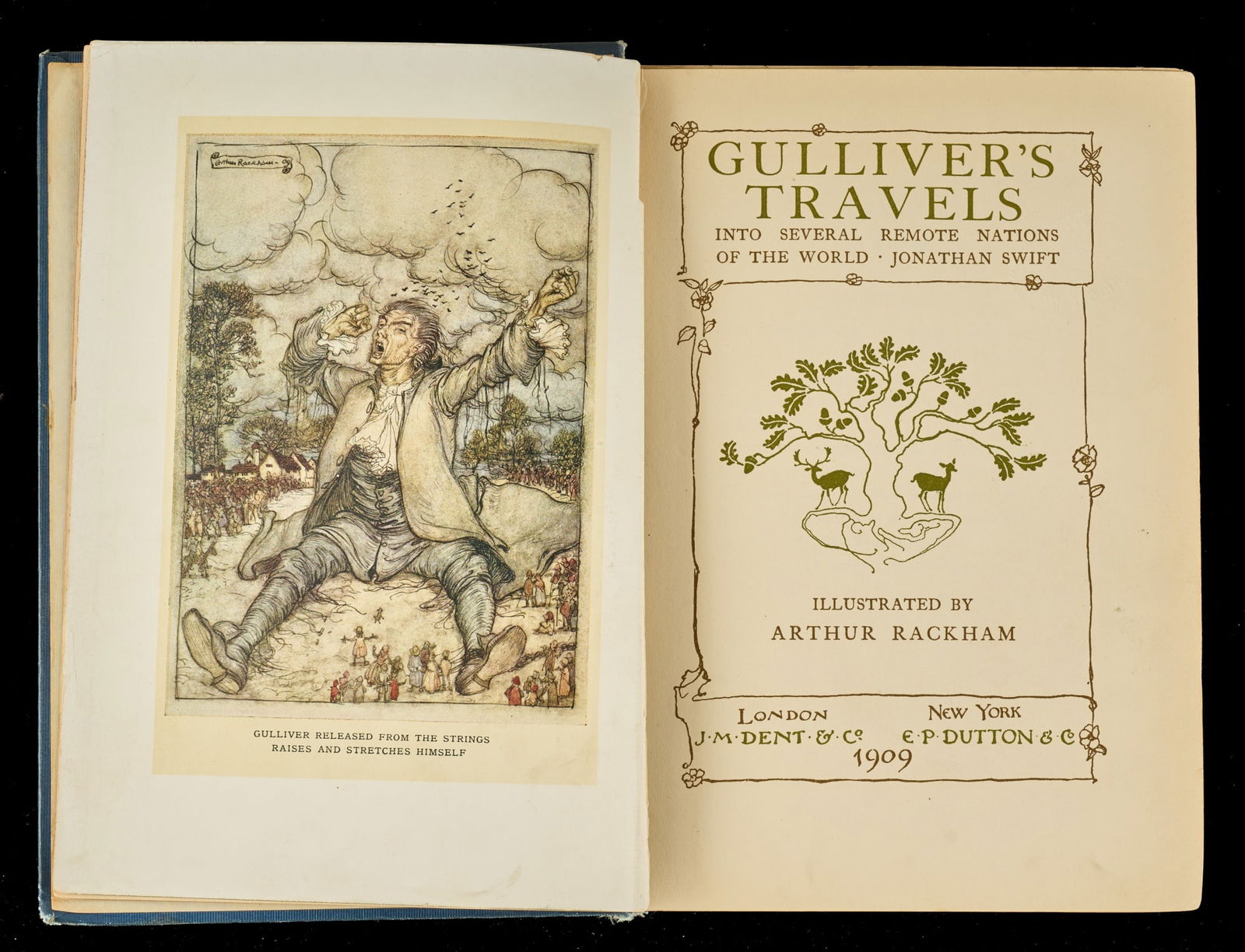 1909 GULLIVER'S TRAVELS ILLUS. by ARTHUR RACKHAM: J.M. Dent & Co.; E.P. Dutton & Co. London & New York. . Hardcover clothbound 9 x 7 inches.N.B. This lot was deaccessioned from the Haverhill Public Library Condition: Wear, slight rack flyleaf secured