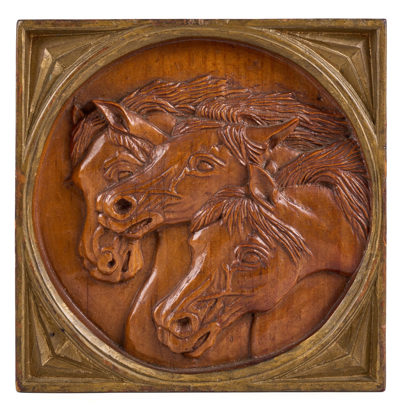 RICHARD BUTLER RELIEF CARVING of HORSES: Relief carving of (3) horses and gilt spandreks carved from single pine board, label pasted verso "Hand carved from a piece of wood by Richard Butler", inscribed below "? fhora horse". 6 3/4 x 6 3/4 i