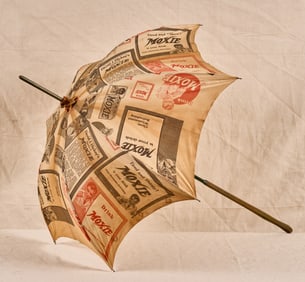 RARE EARLY (20th c) PRINTED LINEN MOXIE AD PARASOL