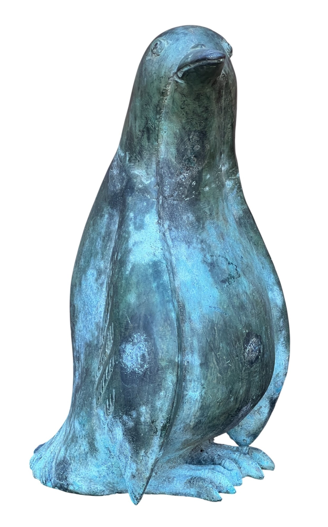 HOLLOW CAST BRONZE PENGUIN: With great verdigris patina. 12 inches. Condition: Good, possibly some spot repairs. Temp No 8381