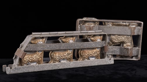 (2) HINGED, CLAMPED & BANDED LAMB CHOCOLATE MOLDS