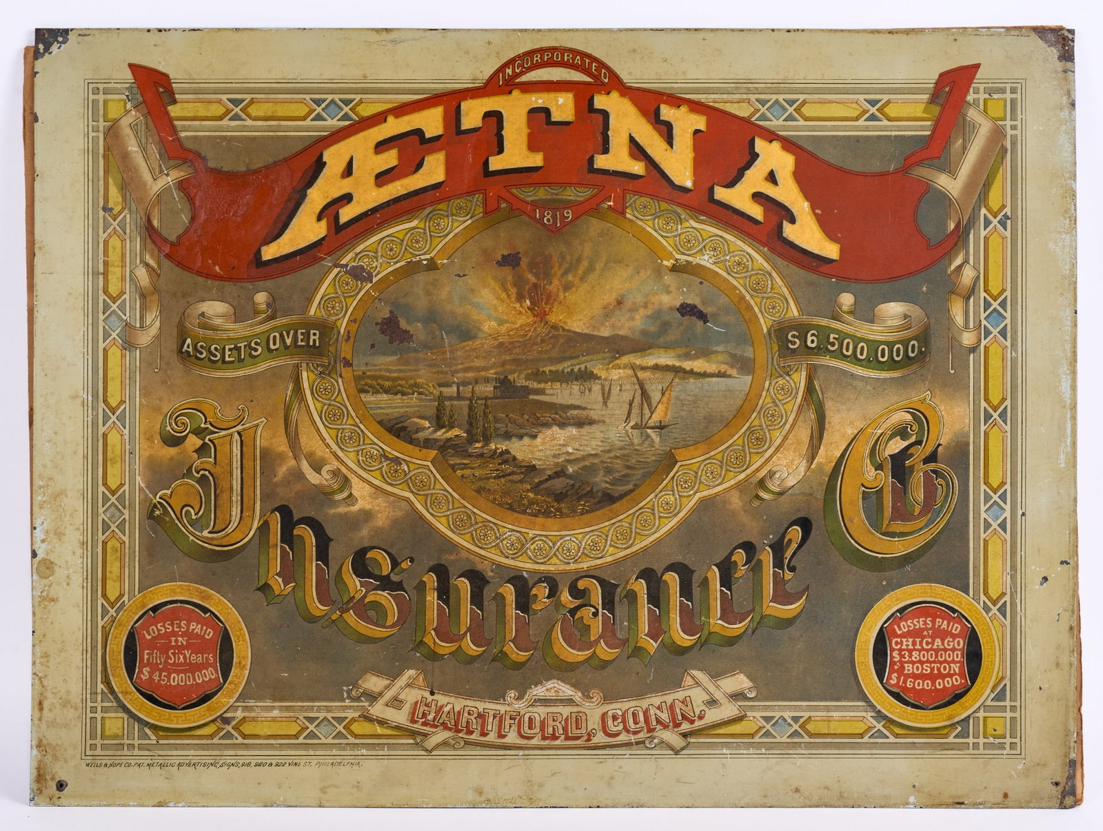 (19th c) AETNA INSURACE CO TIN LITHOGRAPH SIGN (1 of 7)